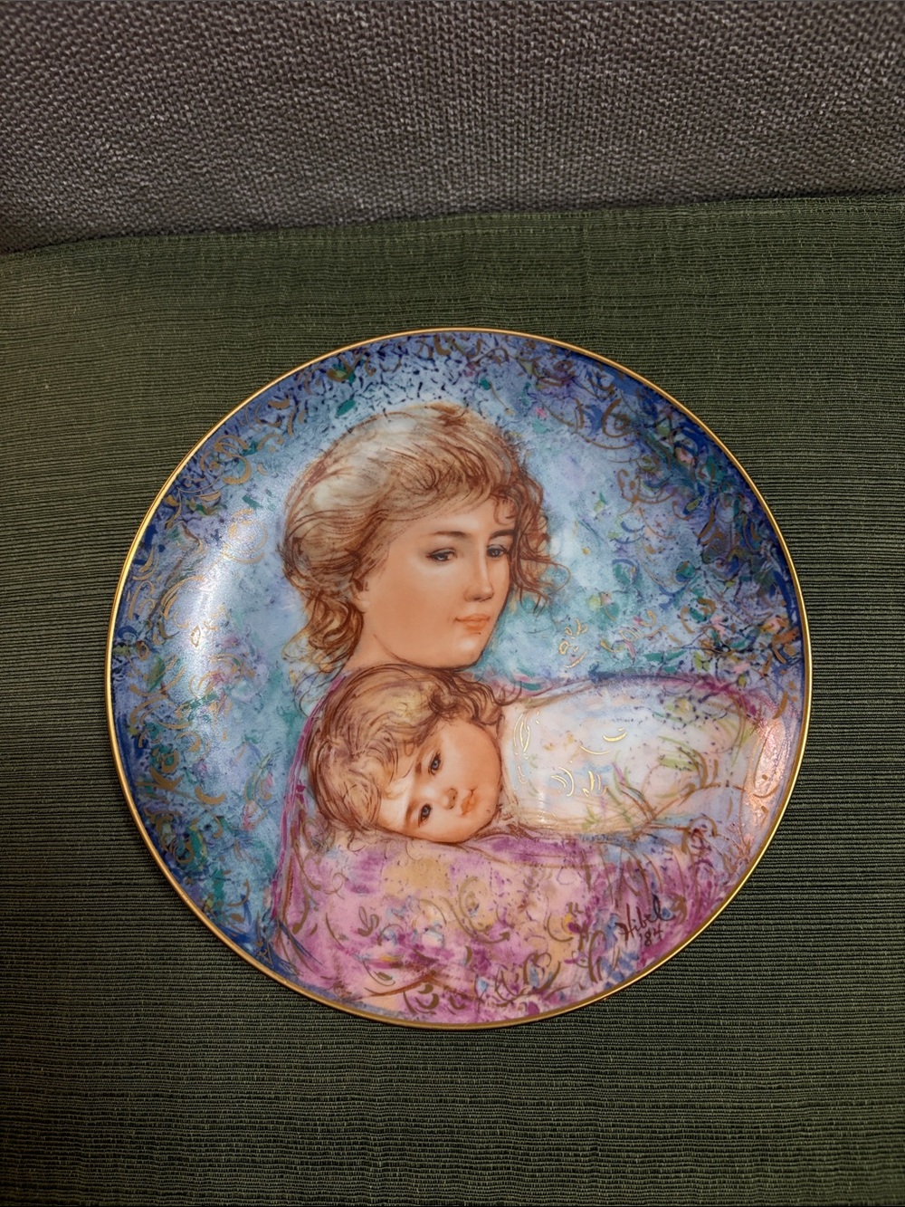 Knowles Hand-Painted Mother & Child Plate in Blue, Pink & Gold